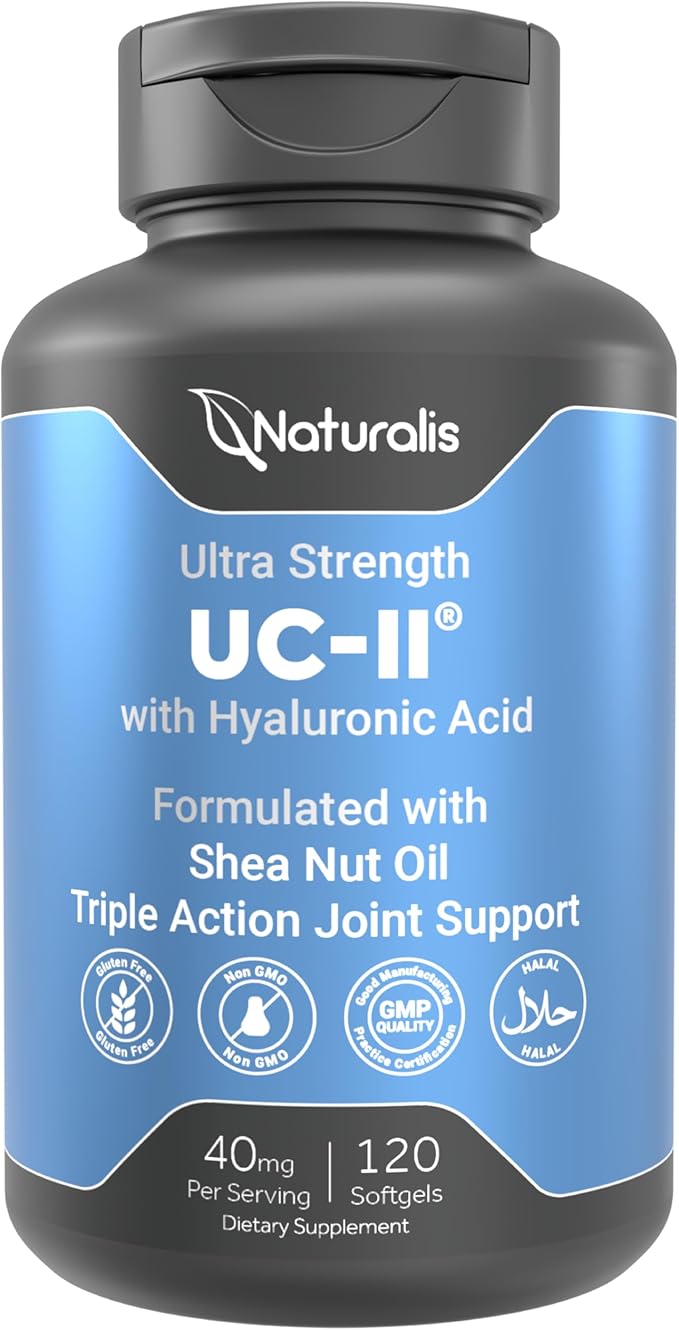 Naturalis UC-II 40 mg with Hyaluronic Acid and Shea Nut Oil | Enhanced Undenatured Type II Collagen for Better Joint Health Mobility &amp Flexibility | Gluten-Free &amp Non-GMO | 120 Softgels
