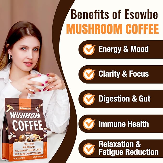 Mushroom Coffee 23 IN 1 Instant Mushroom Coffee - Zero Sugar with 100% Fruiting Lion's Mane Chaga Cordyceps Reishi Ashwagandha Decaf Arabica for Focus Energy Gut Digestion Immunity 5.3 oz