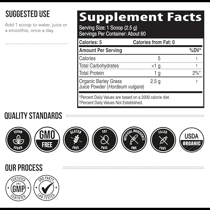 Organic Barley Grass Juice Powder - Grown in Volcanic Soil of Utah - Raw &amp BioActive Form Cold-Pressed then CO2 Dried – Gluten Free GMO free Vegan - Complements Wheatgrass Juice Powder - 5.3 oz