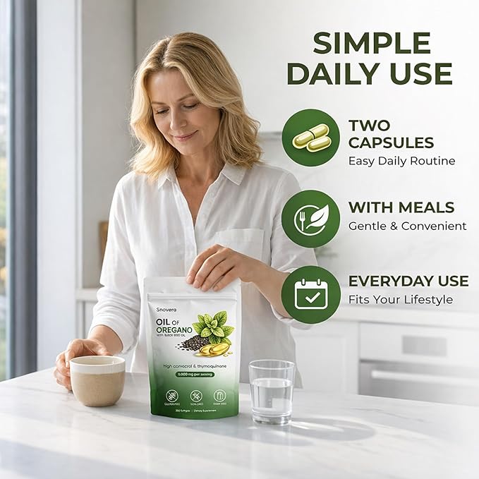 Snovera Oil of Oregano 2 in 1 Organic Oil of Oregano with Black Seed Oil for Immune Digestive Support Gut Comfort 6000mg Per Serving Plant Based Non-GMO 300 Softgels
