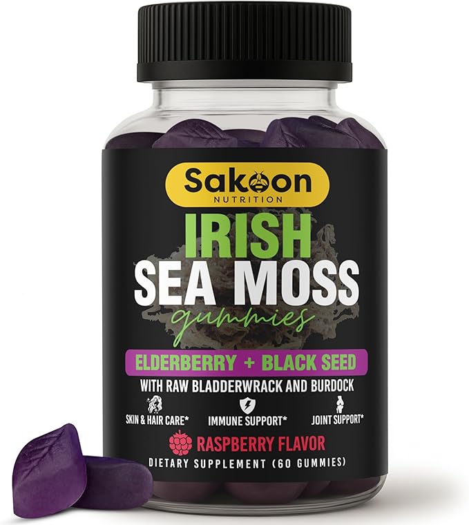 Sakoon nutrition Irish Sea Moss Gummies with Elderberry &amp Black Seed Oil - Overall Wellness Support | Rich in Vitamins Raspberry Flavor | 60 Gummies