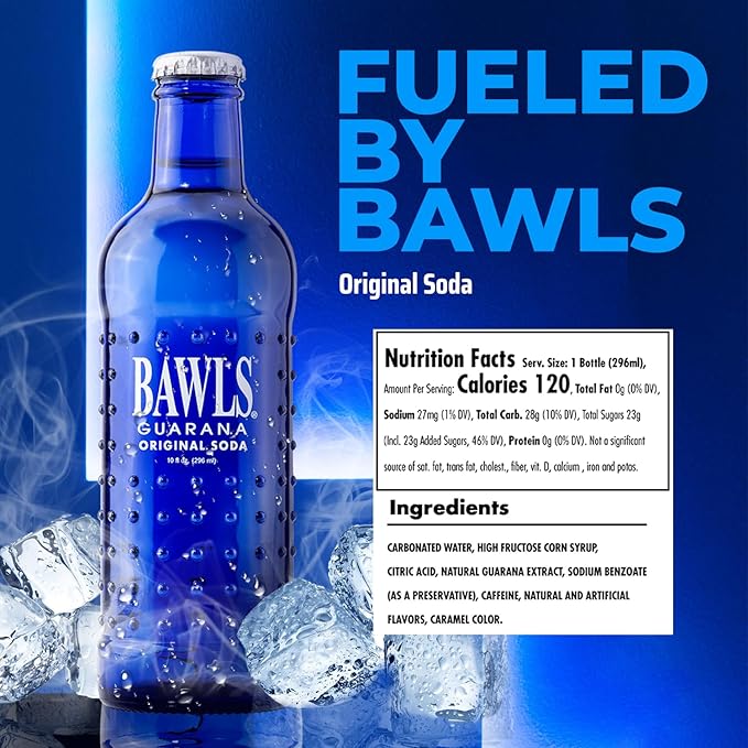 BAWLS Guarana Original - Guarana Fueled Soda for Energy High Energy Caffeinated Drink 10oz 24 Pack Glass Bottles