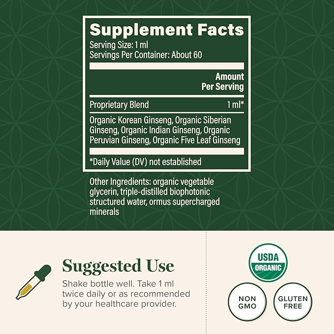 Global Healing Center - Ginseng - Organic Raw Herbal Extract - Liquid Panax Supplement Drop Promotes Energy - Korean and Siberian Ginseng Supplement Maca Ashwagandha - Non-GMO - 2 Fl Oz