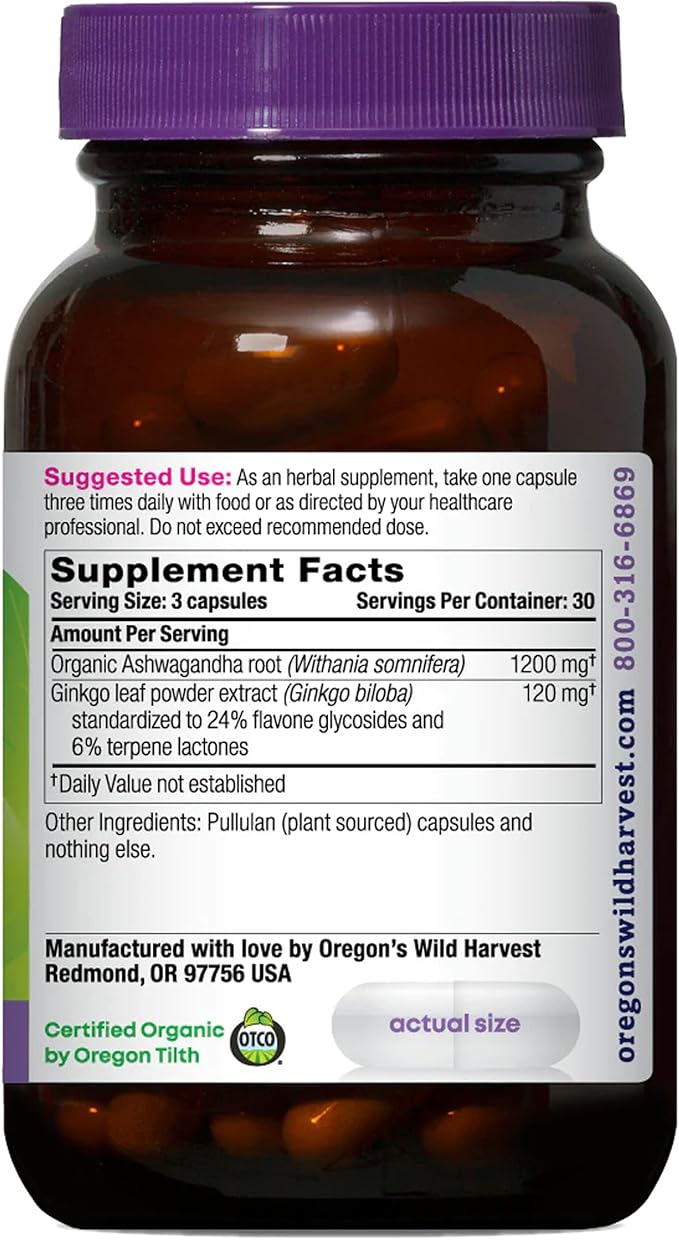Oregon's Wild Harvest Ashwagandha Ginkgo Organic Non-GMO Herbal Supplements Vegan Plant sourced Capsules | Support for Calm and Relaxed Mind 90 Count
