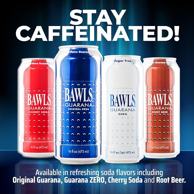 BAWLS Guarana Original Guarana Fueled Soda for Energy High Energy Caffeinated Drink - 16oz 12 Pack Cans