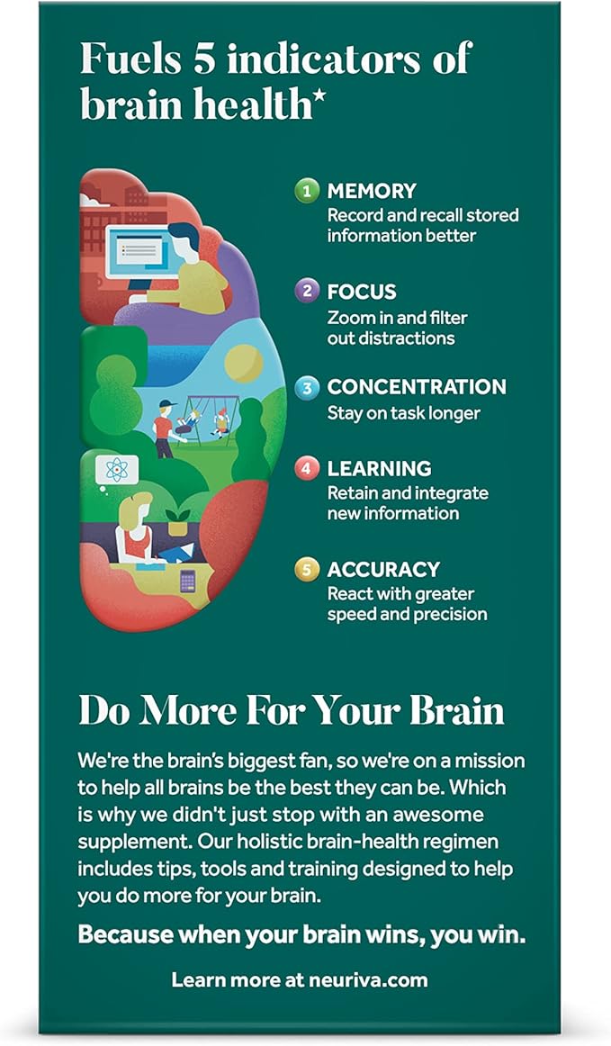 NEURIVA Original Brain Supplement for Memory Focus &amp Concentration + Learning &amp Accuracy with Clinically Tested Nootropics Phosphatidylserine and Neurofactor Caffeine Free 30ct Capsules