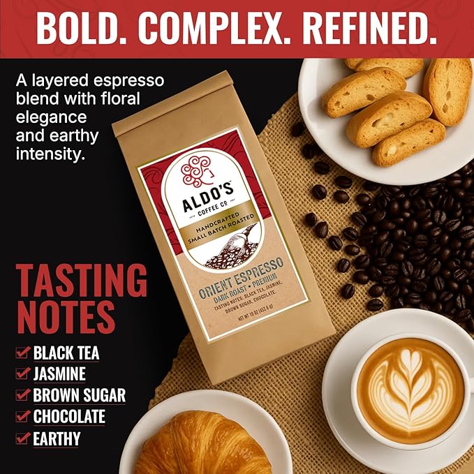 Aldo’s Orient Espresso – Organic Handcrafted Coffee Beans Signature Dark Roast Espresso Blend Small-Batch Artisan Roasted Bold Smooth Low-Acid Coffee (16 oz) (Medium Fine Ground)