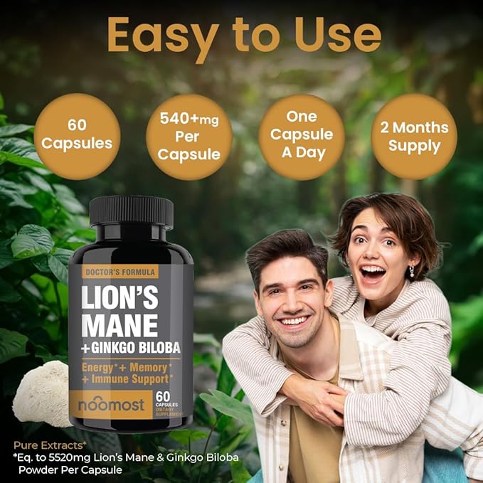 NooMost Lions Mane Supplement Organic Capsules - With Ginkgo Biloba - Cognitive Health Focus &amp Memory Support - Natural Superfood for Brain Energy &amp Immune Health - Non GMO- 60 Caps - 2 Mont