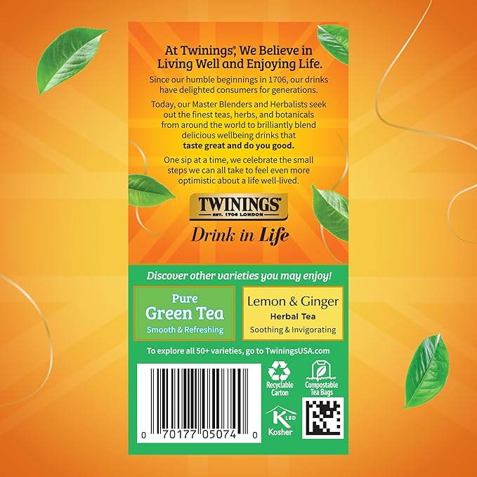 Twinings Green Tea with Jasmine Individually Wrapped Bags 20 Count (Pack of 6) Fragrant Floral Scent Caffeinated Enjoy Hot or Iced 120 Teabags
