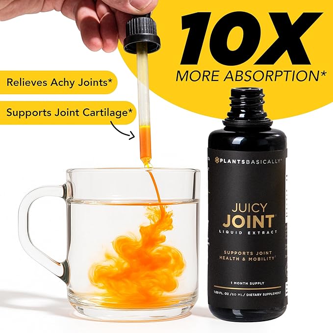 Juicy Joint by Plants Basically – Joint Support Supplement for Mobility Relief &amp Recovery | Turmeric White Willow Bark &amp Meadowsweet | 60 mL Liquid Extract | Vegan &amp Non-GMO | 30-Day Sup