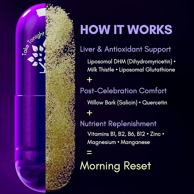 purple tree Post-Celebration Wellness Supplement for Liver Support &amp Hydration | Liposomal Dihydromyricetin (DHM) L-Glutathione Milk Thistle B Vitamins Minerals Willow Bark | 30 Pills