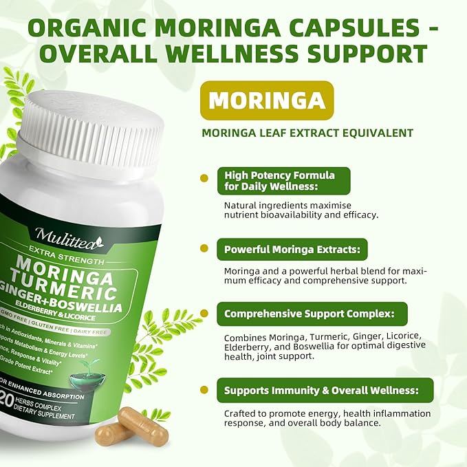 Moringa Capsules Organic 1000mg 7-in-1 Superfood with Turmeric Ginger Elderberry Licorice &amp Boswellia - Support Immune Skin Gut &amp Antioxidant-Non-GMO GMP 120 Vegan Capsules-2 Packs