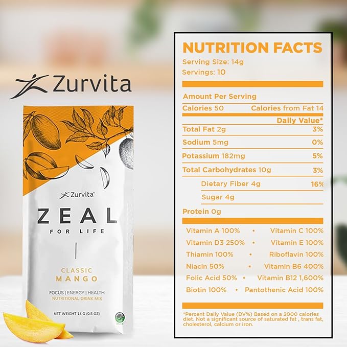Zurvita - Zeal for Life Wellness Drink Mix - Classic Mango Flavor - Gluten-Free Vegan with Biotin Vitamins and Minerals for Health - 10 Packets