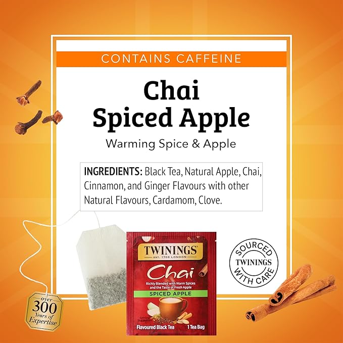 Twinings Spiced Apple Chai Black Tea Individually Wrapped Bags 20 Count (Pack of 6) Sweet Savoury Spices Caffeinated Enjoy Hot or Iced 120 Teabags