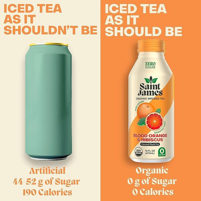 Saint James Iced Tea - Organic Black Tea - Non-GMO Gluten Free Zero Calorie Zero Sugar - Blood Orange 12 Pack (16 fl oz each)