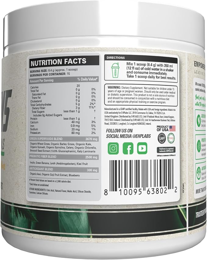EHP Labs OxyGreens Super Greens Powder with Spirulina &amp Chlorella Prebiotic Fiber Probiotics &amp Digestive Enzymes – Antioxidant Green Superfood Supplement - 15 Servings (Passionfruit)