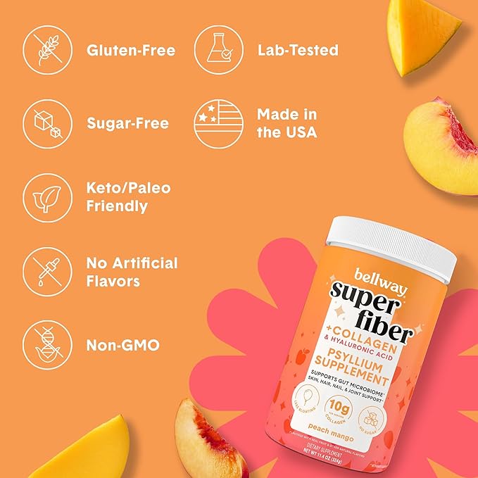 Bellway Super Fiber Powder + Collagen Sugar-Free Psyllium Husk Powder with Collagen Peptides and Hyaluronic Acid for Digestive Health Healthy Skin Nails Bones &amp Joints Peach Mango (20 Serving