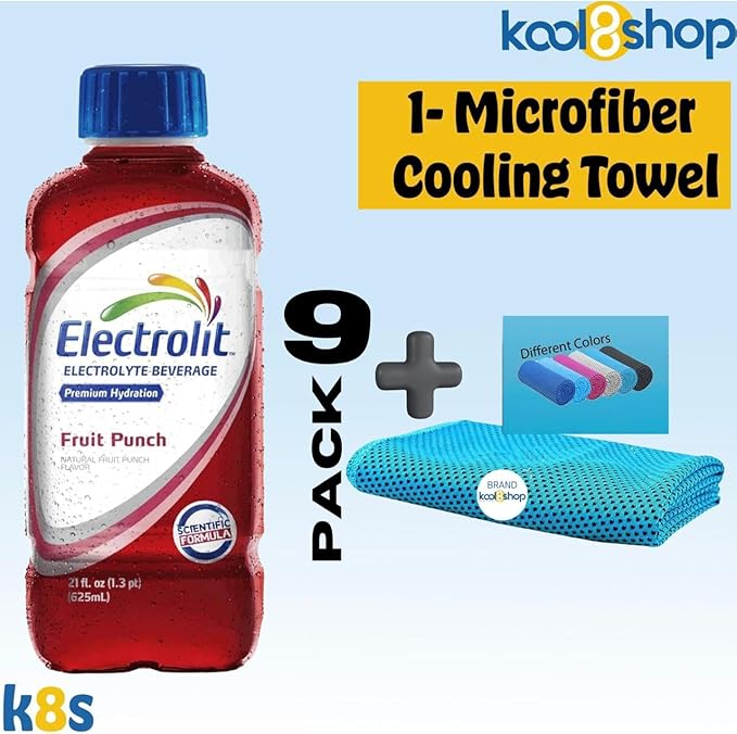 Electrolit Fruit Punch Hydration Drink With Electrolytes 21 fl oz Plastic Bottles 9 Pack + 1 Microfiber Cooling Towel by KOOL8SHOP Infinite Deals