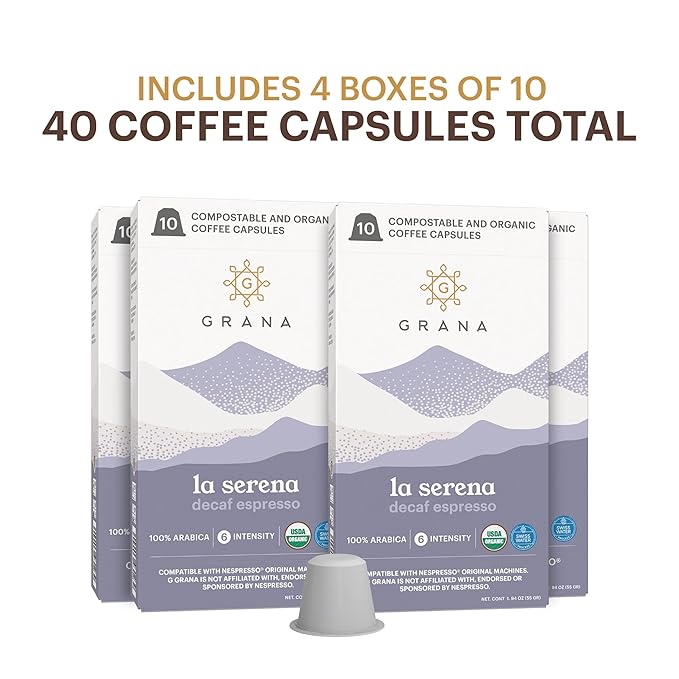 G GRANA Decaf Coffee Pods Compatible with Nespresso OriginalLine 40 Count Dark Roast Decaffeinated USDA Organic 100% Arabica Single Source Specialty Coffee Compostable Single Serve Capsules