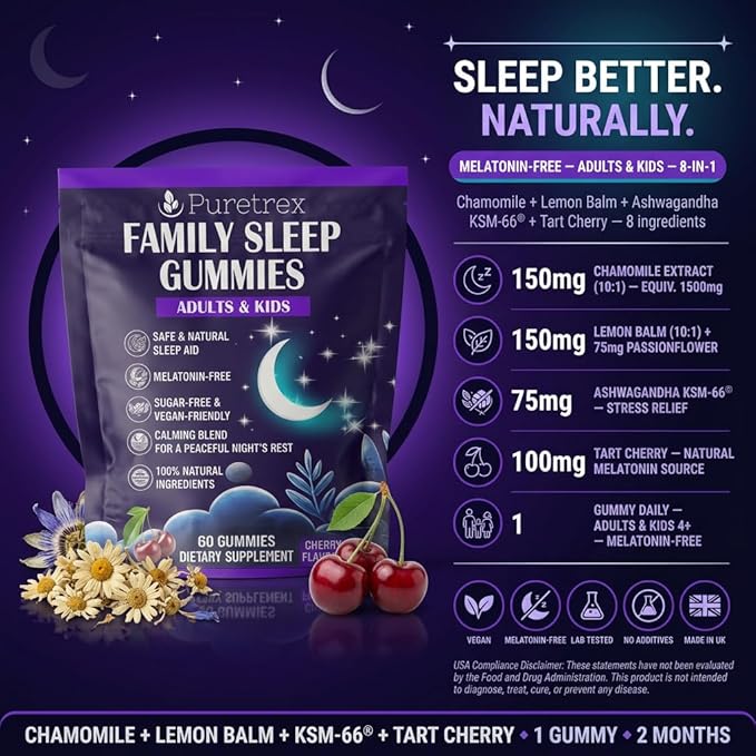 Family Sleep Gummies for Adults &amp Kids – Melatonin-Free Cherry Flavor – Vegan Sugar-Free Natural Calming Blend with Magnesium L-Theanine Chamomile &amp Ashwagandha – 60 Gummies