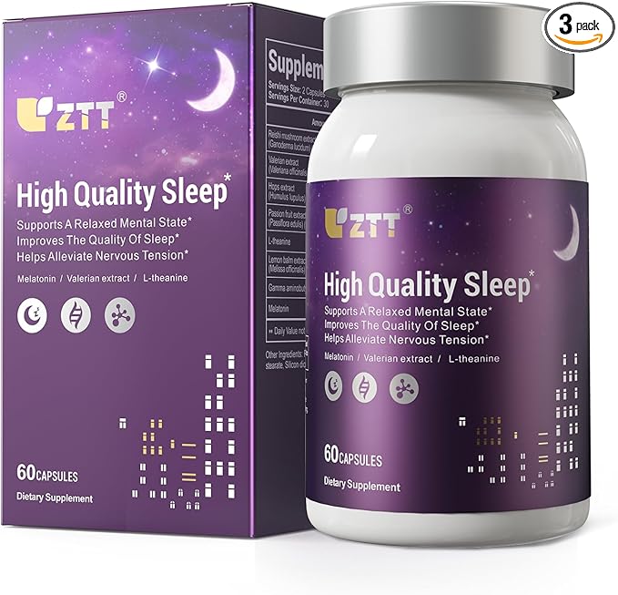 ZTT Restful Sleep Supplement with ValerianHopsPassiflora edulis Extract Supports Calm &amp Relaxation - Nighttime Sleep Aid - Supports Production of Gamma Aminobutyric Acid -60 Capsules*3bottle