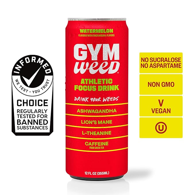 GYM WEED Athletic Focus Drink with KSM-66 Ashwagandha Lion's Mane Mushroom L-Theanine 200mg Green Tea Caffeine with Natural Sweeteners Watermelon Flavor 12 Pack