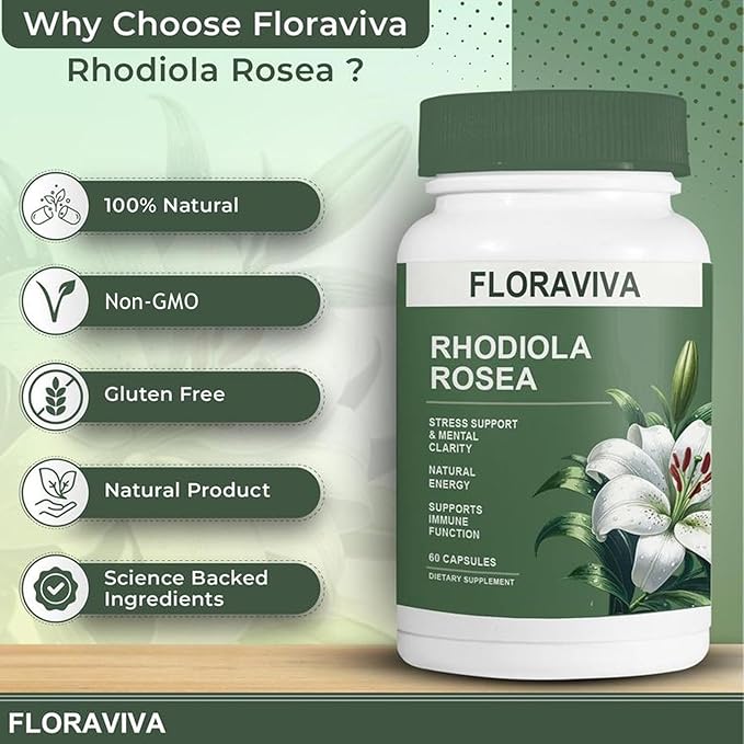 Rhodiola Rosea Capsules 500mg | Standardized for 3% Rosavins &amp 1% Salidroside | Supports Stress Relief Mental Focus &amp Natural Energy | Non-GMO Gluten-Free Supplement | 60 Capsules