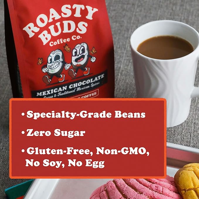 Roasty Buds Mexican Chocolate Whole Bean | Café Mexicano 100% Arabica Coffee Natural Cinnamon Flavors (12 oz) | Gluten-Free Non-GMO No Sugar | Medium Roast (12 Ounce Mexican Chocolate Whole Bean)