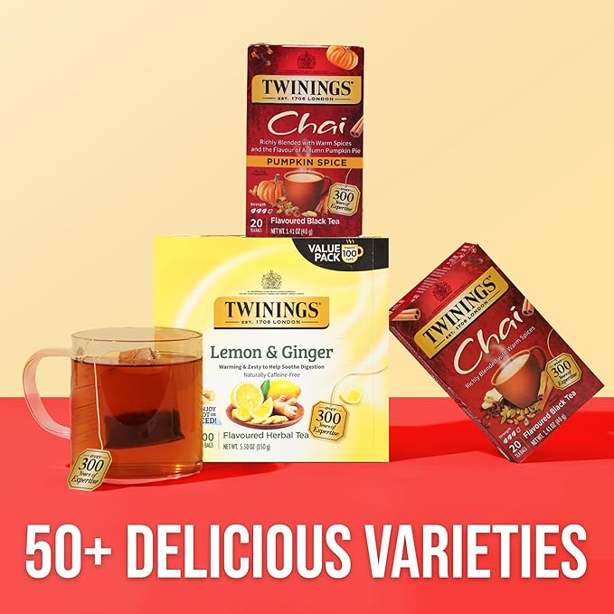Twinings Pumpkin Spice Chai Black Tea Individually Wrapped Bags 20 Count (Pack of 6) Warm Spicy &amp Aromatic Caffeinated Enjoy Hot or Iced 120 Teabags