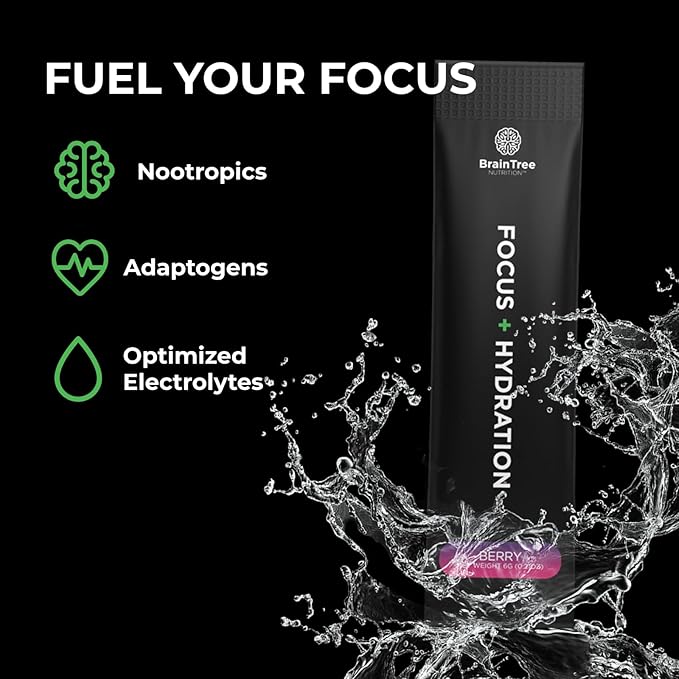 BrainTree Nutrition - Focus + Hydration - Electrolyte Drink Mix - Total Body Hydration - Supports Cognitive Function Energy &amp Muscle Recovery - Sugar Free - Berry - 30 Stick Packs