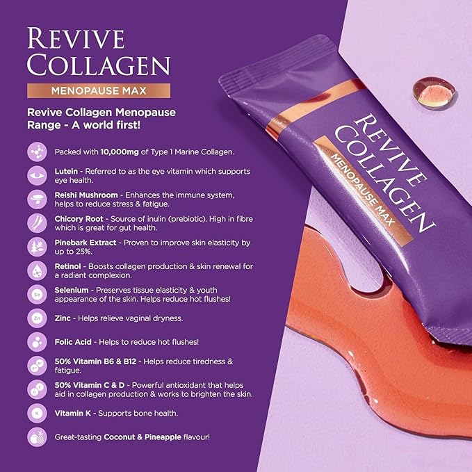 Revive Collagen Menopause Max — Hydrolyzed Marine Collagen Drink for Women 10000MG Lutein Reishi Mushroom Vitamin B6 B12 C &amp D for Skin &amp Eye Health Pineapple &amp Coconut Flavour —