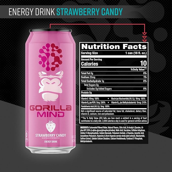 Gorilla Mind Energy Drink | Unmatched Energy · Amplified Focus | N-Acetyl-L-Tyrosine Alpha-GPC 200mg Caffeine Uridine Saffron | 0 Sugar Or Artificial Colors | 16oz 12-Pack (Strawberry Candy)