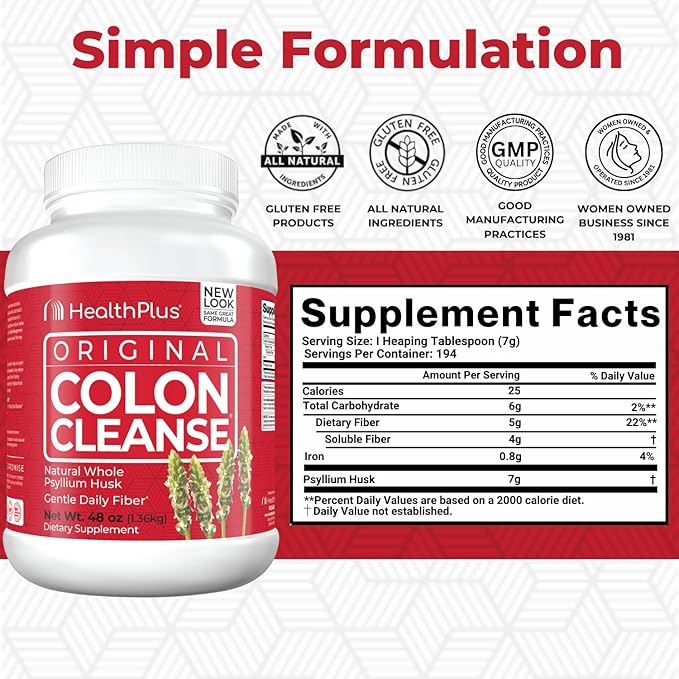 Health Plus Colon Cleanse Digestive Support | All Natural Daily Fiber for Toxin Elimination To Reduce Bloating | Supports Heart Health | 48 Ounces 194 Servings