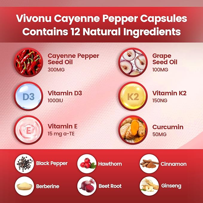 VivoNu Cayenne Pepper Softgels Supplement Supports Leg Vein Heart and Blood Vessel Health with Vitamin E D3+K2 and Extracts of Grape Seed Hawthorn Beetroot Berberine and Other