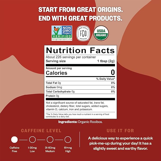 FGO Organic Rooibos Tea 16 Ounce Loose Leaf Bulk Resealable Bag Caffeine Free Packaging May Vary (Pack of 1)
