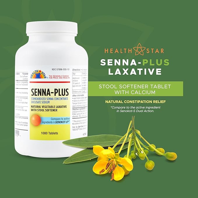 Health Star Senna Plus Laxative &amp Stool Softener Tablets 50mg / 8.6mg Strength Natural Vegetable Stimulant Laxative| Gentle Constipation Relief| Docusate Sodium for Bowel Movement (1000 Tablets