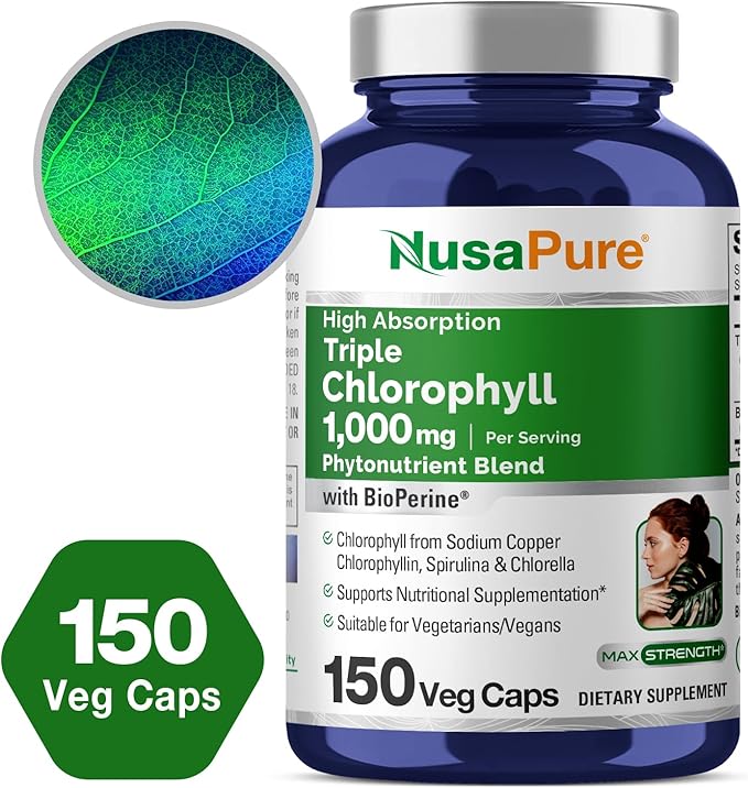 NusaPure High Absorption Triple Chlorophyll 1000 mg 150 Veg Caps Suitable for Vegetarians and Vegans Non-GMO