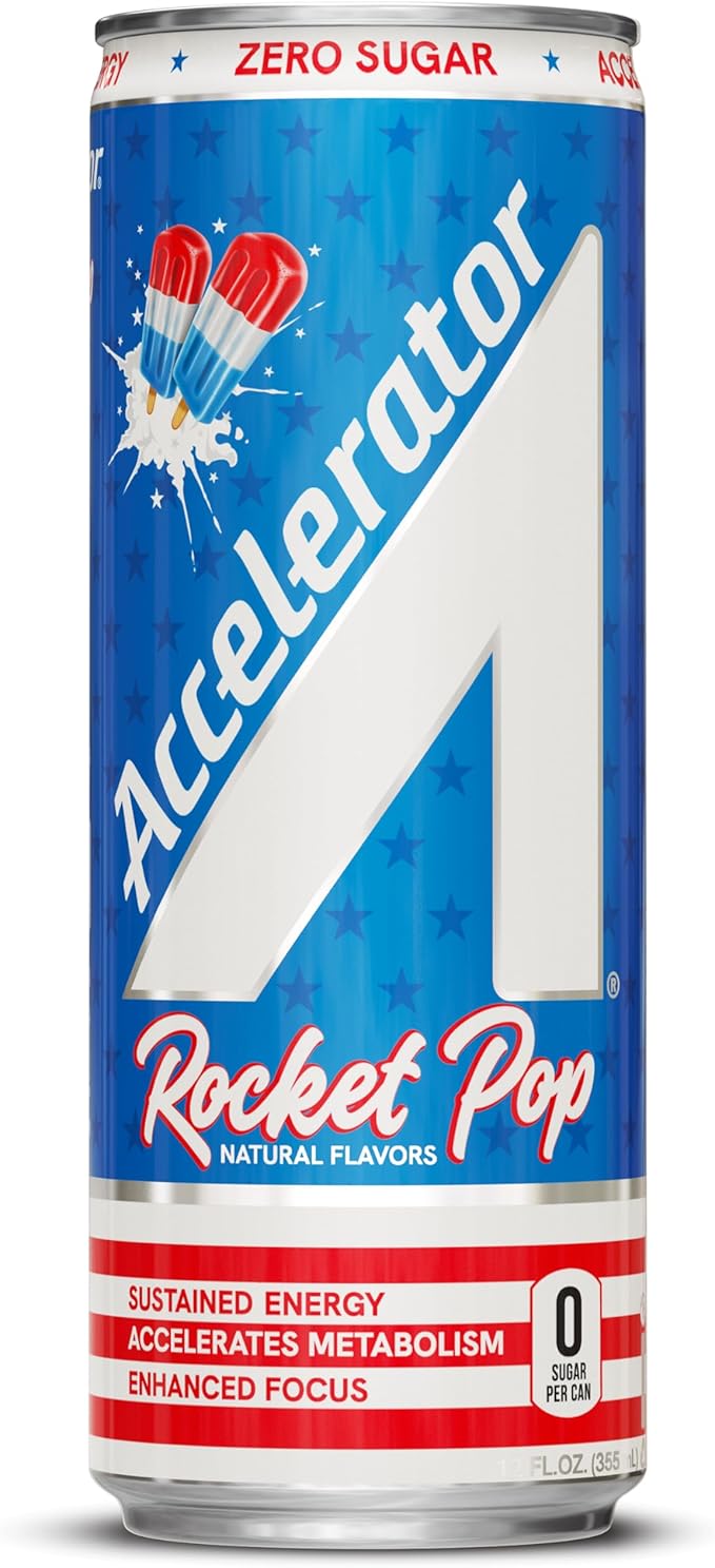 Accelerator Energy DrinkRocket Pop 12oz canZero SugarSustained Energy from 100% Natural Caffeine (200mg from Green Coffee Bean &amp Green Tea extract)(Pack of 24)