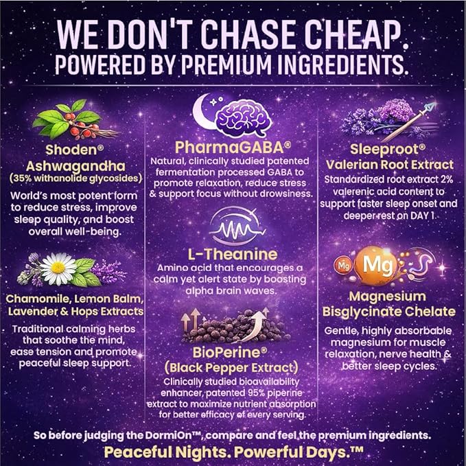 DormiOn™ Sleep + Restore + Stress Supplement Herbal Sleep Aid for Women &amp Men. No-Melatonin Non-Habit Forming. Clinically-Proven Ashwagandha GABA Valerian &amp Magnesium. Vegan &amp Non-Grog