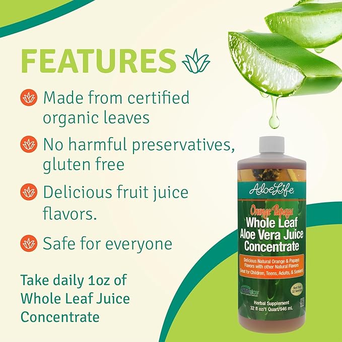 Aloe Life - Whole Leaf Aloe Vera Juice Concentrate Supports Occasional Indigestion Bloating Regularity Energy and Optimum Health (Orange Papaya 32 Ounces)