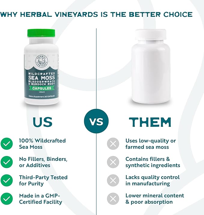 Herbal Vineyards Organic Wildcrafted Vegetable 60 Capsules | 1500MG | Pack of 2 | Irish Sea Moss Bladderwrack and Burdock Root Immune Support Healthy Skin &amp Energy | Powerful Immunity Booster