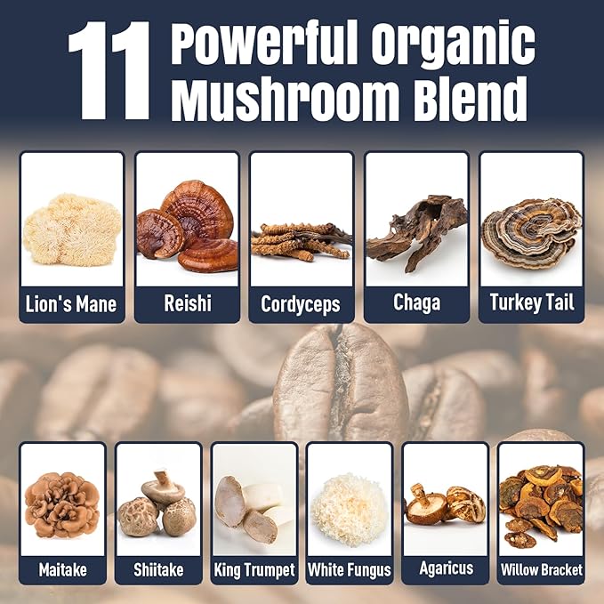 Mushroom Coffee 11 Superfood Mushrooms includes Lion's Mane Reishi Chaga &amp Ashwagandha Instant Mushroom Coffee Organic for Energy Memory Digestion &amp Detox Low Caffeine &amp Sugar Free