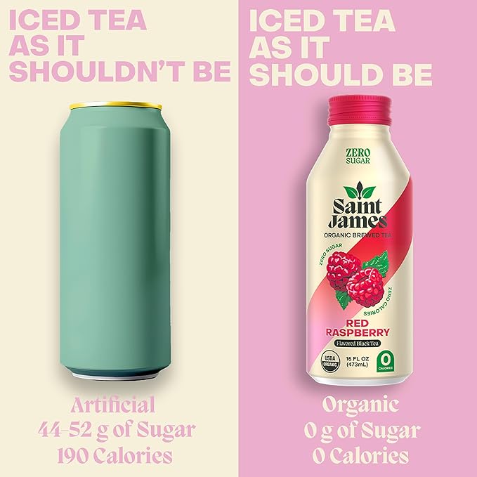 Saint James Iced Tea - Organic Black Tea - Non-GMO Gluten Free Zero Calorie Zero Sugar - Red Raspberry 12 Pack (16 fl oz each)