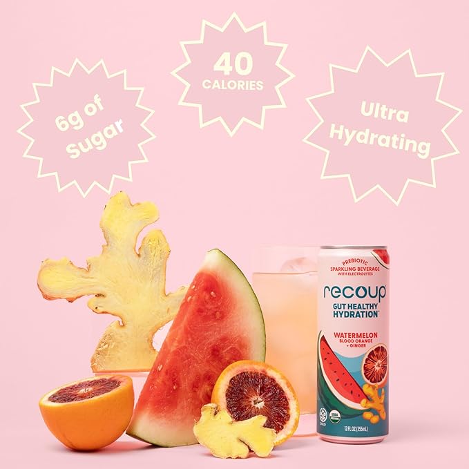 Recoup Organic Sparkling Prebiotic Drink - Ginger with Electrolytes for Gut Health Support &amp Hydration No Added Sugar ((Pack of 12) Watermelon Blood Orange + Ginger)