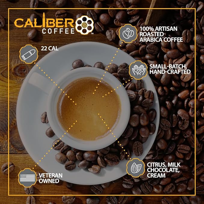 Caliber Coffee .22 Cal Ground Light Roast – Balanced Fruity Caramel Flavors – 100% Artisan Roasted Arabica Coffee – Small-Batch Hand-Crafted – Veteran Owned – 12oz Bag