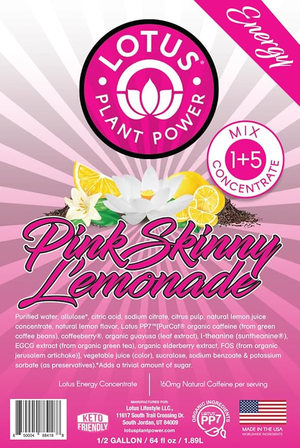 Skinny Pink Lotus Energy Lemonade Drink Concentrate | Made with real lemons | Low Sugar | 64 fl oz | 1:5 Energy Concentrate | Natural Caffeine from Green Coffee Bean