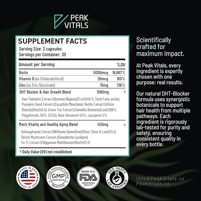 DHT Blocker for Men | Ultra Potent Hair Growth Formula | Saw Palmetto Biotin Pumpkin Seed Herbal Extracts | Natural Hair Loss Supplements | Hair Regrowth Vitamins | Made in The USA | 90 Capsules