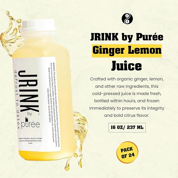 JRINK by Purée Ginger Lemon Juice Cold Pressed Juice Cleanse with Organic Lemon Ginger Detox Drink from Raw Fruit and Vegetable No Preservatives Healthy Cleanse 16oz Bottles 24 Pack