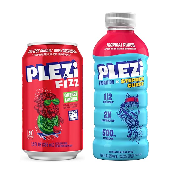 PLEZi FiZZ Cherry Limeade &amp Tropical Punch Hydration Drink Bundle – Sparkling Juice &amp Electrolyte Beverage with Real Fruit Juice No Added Sugar Low Sugar – 12 Fl Oz + 16.9 Fl Oz (24 Pack Tot