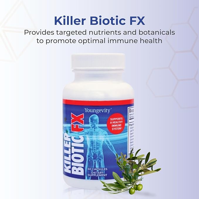 Youngevity Killer Biotic FX - Immune System Support | Sourced from Bee Propolis Mushrooms &amp Colostrum | Natural Immunity Support | 60 Capsules